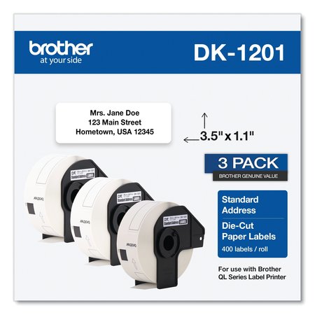 BROTHER Die-Cut Address Labels, 1.1 x 3.5, White, PK1200 DK12013PK